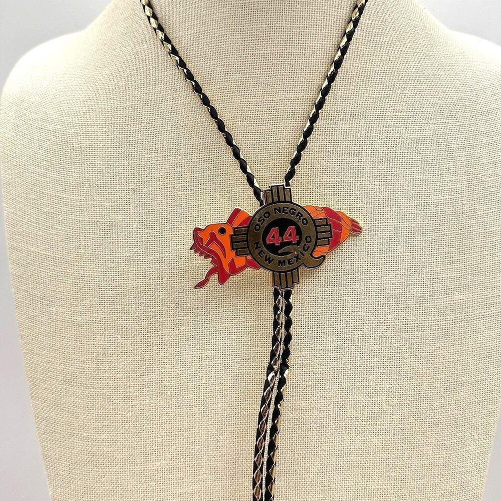 Vintage Y2K Oso Negro New Mexico 44 Zia Sun Bolo Tie Gold Tone Black Leather 90s